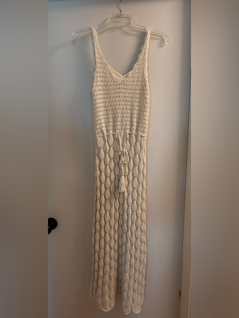 Freshman Cream Crochet lined Maxi dress with Tasseled Tie